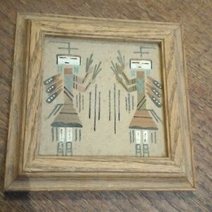 Navajo Thunder People Sand Painting Signed w/ Frame 5.5" x 5.5" N26GW2